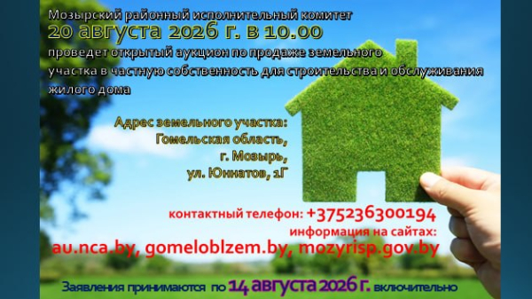 Земельный участок в Мозыре по ул. Юннатов продают через аукцион